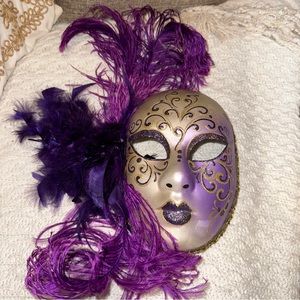 Authentic hand painted Venezia full mask  feathers gold purple Italy wear hang